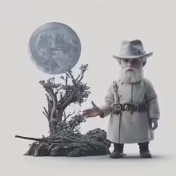 an old man dressed in white holding a gun next to a small tree
