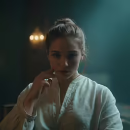 a woman is staring while looking away from the camera