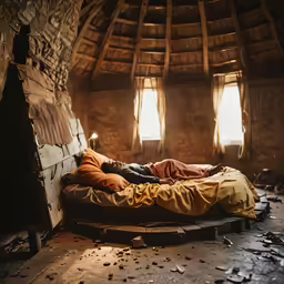 a person in a bed that is surrounded by wood