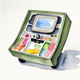 an old computer sits in its case with its paint chips spread across the image,a watercolor and ink drawing of an old computer