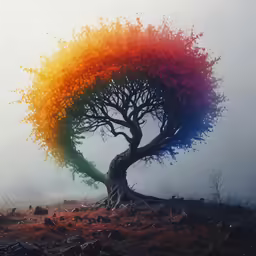 a rainbow colored tree in the middle of the sky