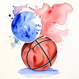 two watercolors of different colors and an object with a basketball on it,a watercolor painting with a ball on top of it