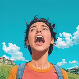 a boy in an orange shirt and blue backpack stares upwards into the sky