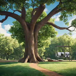 a photo of a tree with swings to it