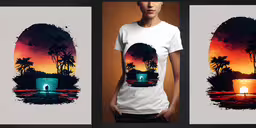 a t - shirt design with palm trees and the sun setting,a woman wearing a t - shirt with a tropical sunset on it