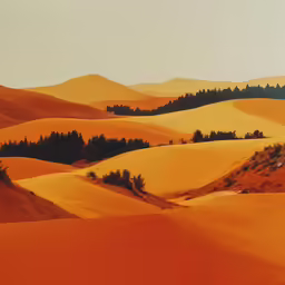 a grassy and tree - lined landscape of hills, dunes, and trees