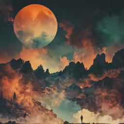 a lone figure on the edge of a mountain meadow under a large full moon