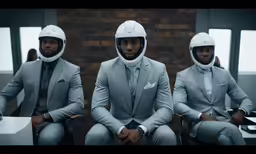 three men in suits and helmets sitting on either side of each other