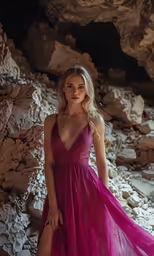 a woman posing for a picture in a long dress
