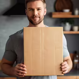 a man with a beard holds up a brown box