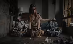 a young woman is sitting on the floor near baskets