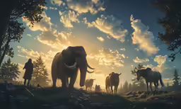 a group of people standing next to two elephants