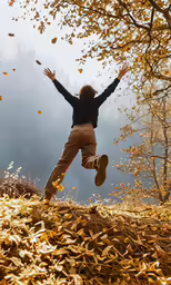 a person jumps up into the air while surrounded by fall leaves