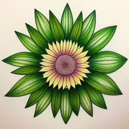 a drawing of a flower with green leaves,a drawing of a green flower with yellow centers
