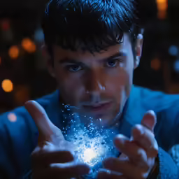 a man making two fingers with a bright sparkle inside of it