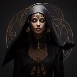 a woman with a gold - plated necklace and a black dress