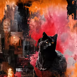a painting of a black cat is in the background