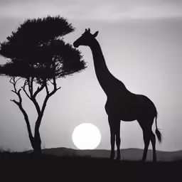giraffe on savanna at dusk in black and white photograph