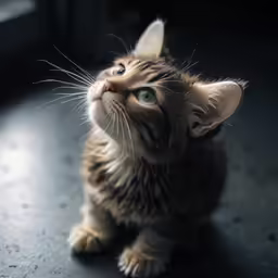 a small kitten is looking up into the sky