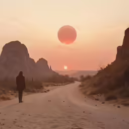 a man walking down a road in front of mountains