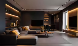 an empty living room with a large sectional couch
