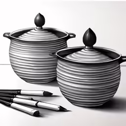 a black and white painting of pots and crayons