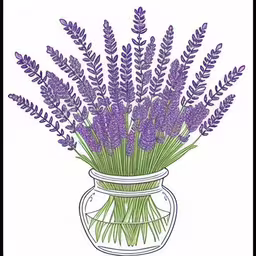 purple flowers in a vase on a white background,a drawing of purple flowers in a glass vase,a vase full of lavender flowers in it,a drawing of lavender in a glass jar,a vase filled with purple flowers and leaves
