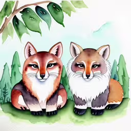 two foxes are sitting next to each other by a tree,two red foxes in the woods with green leaves,two fox are sitting side by side in the grass,a painting of two foxes sitting by a tree,two fox art prints sitting next to each other