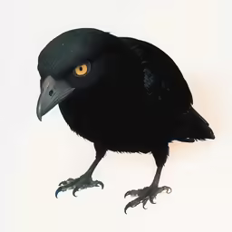 a black bird with yellow eyes and long claws