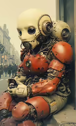 a person in an orange and white robot suit sitting on the sidewalk
