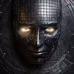 a man in metal mask looking into the camera