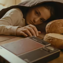 the woman in the hood is covering her face next to bread