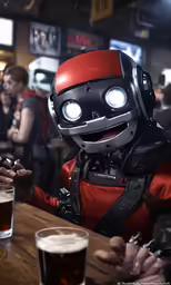 a robotic dressed up with head phones at a bar
