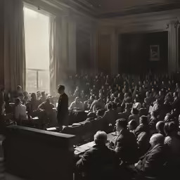 an audience of people looking on at a lecture hall