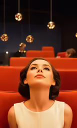 a woman sitting down in a theater watching something