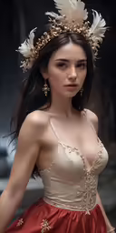 a model posing for a photograph wearing a red gown