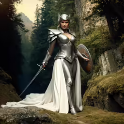 a beautiful woman dressed in silver and holding a sword