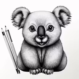 a drawing of a baby koala with two pointy, black and white pen