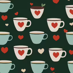 coffee cups with hearts on green and blue, a green background