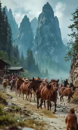 many horses running down a dirt road with mountains in the background