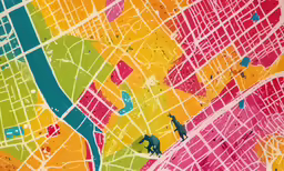 an orange, pink, yellow, and green map of the city