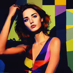 a woman in colorful dress posing with hand on her hair,a woman is posing for a photo in a colorful dress