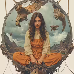 a woman wearing an orange jumpsuit sits in front of a round painting with dinosaurs