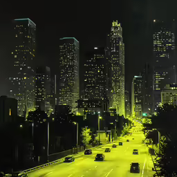 car lights on roadway near tall buildings at night