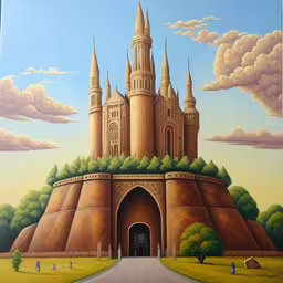 a painting with a large building made of bricks,a painting of a castle sitting on the side of a road