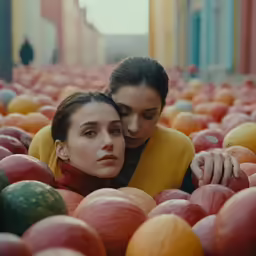 two girls embrace among piles of fruit in an alley