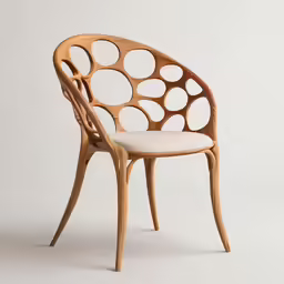 a chair made from wood with a white seat and back