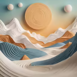 a painting depicting the mountains, clouds and planets