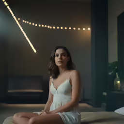 a woman sitting on top of a bed next to a string light