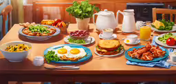 the table is full of many food dishes,a table has many plates and bowls with breakfast foods